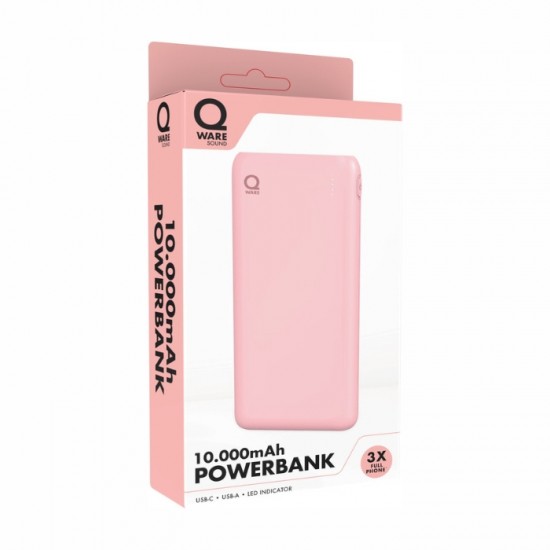 Powerbank ierīču akumulators/lādētājs QWARE, 10.000mAh - rozā