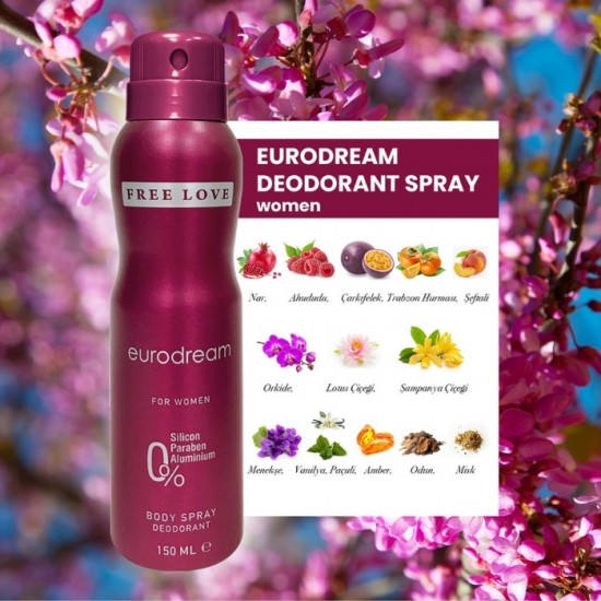 Dezodorants sieviešu FREE LOVE 150ml - Eurodream