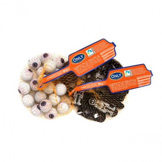 Šokolādes konfektes tīkliņā, HALLOWEEN, 100g,- acis/skeleti