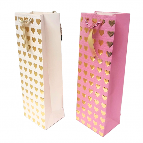 Dāvanu maisiņš pudelēm, 36x12x9cm -  GOLD HEARTS