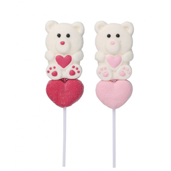 Konditorejas izstrādājums MARSHMALLOW uz kociņa 60g – Lācis ar sirsniņu