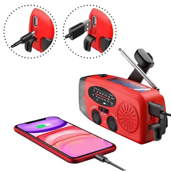 Daudzfunkcionāls avārijas radio FM AM WB ar manuālu kloķi, saules bateriju un USB uzlādi.