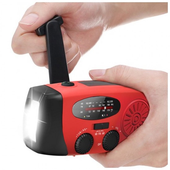 Daudzfunkcionāls avārijas radio FM AM WB ar manuālu kloķi, saules bateriju un USB uzlādi.