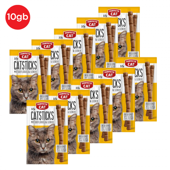 PERFECTO CAT лакомство для кошек 10x5g=50g x 10 упаковок - палочки с печенью и птицей
