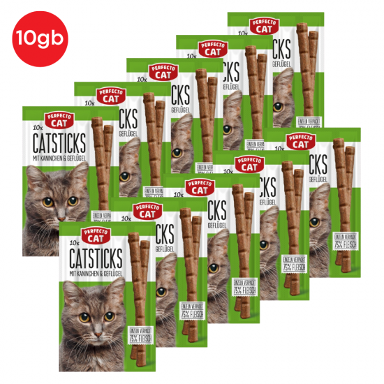 PERFECTO CAT лакомство для кошек 10x5g=50g  x 10 уп. - палочки с кроликом и домашней птице
